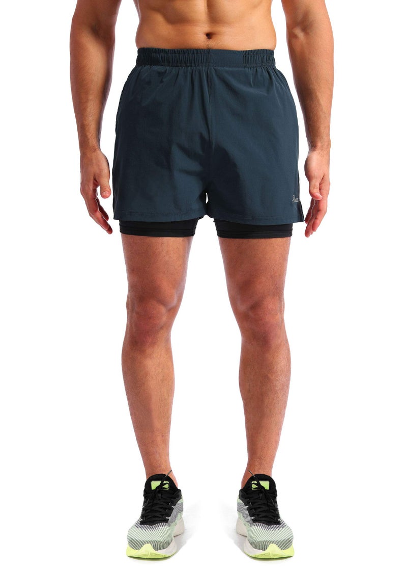 Pudolla Menâ€™s 2 in 1 Running Shorts 5" Quick Dry Gym Athletic Workout Shorts for Men with Phone Pockets(Navy Blue Large) - Image 2